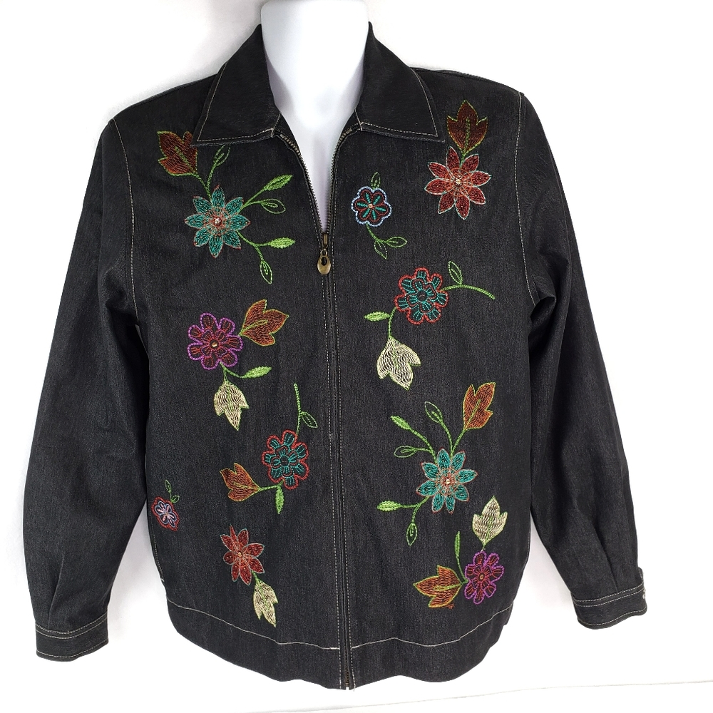 Alfred Dunner Women's Full Zip Jacket Sz 8 Floral Embroidery Tasteful Beading